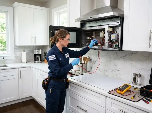 Appliance Repair Hero technician testing an over-the-range microwave in a Auburn, NH kitchen