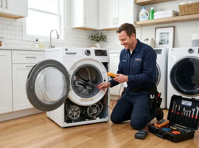 Appliance Repair Hero technician testing a front-load washer with a multimeter on a Auburn, NH service call